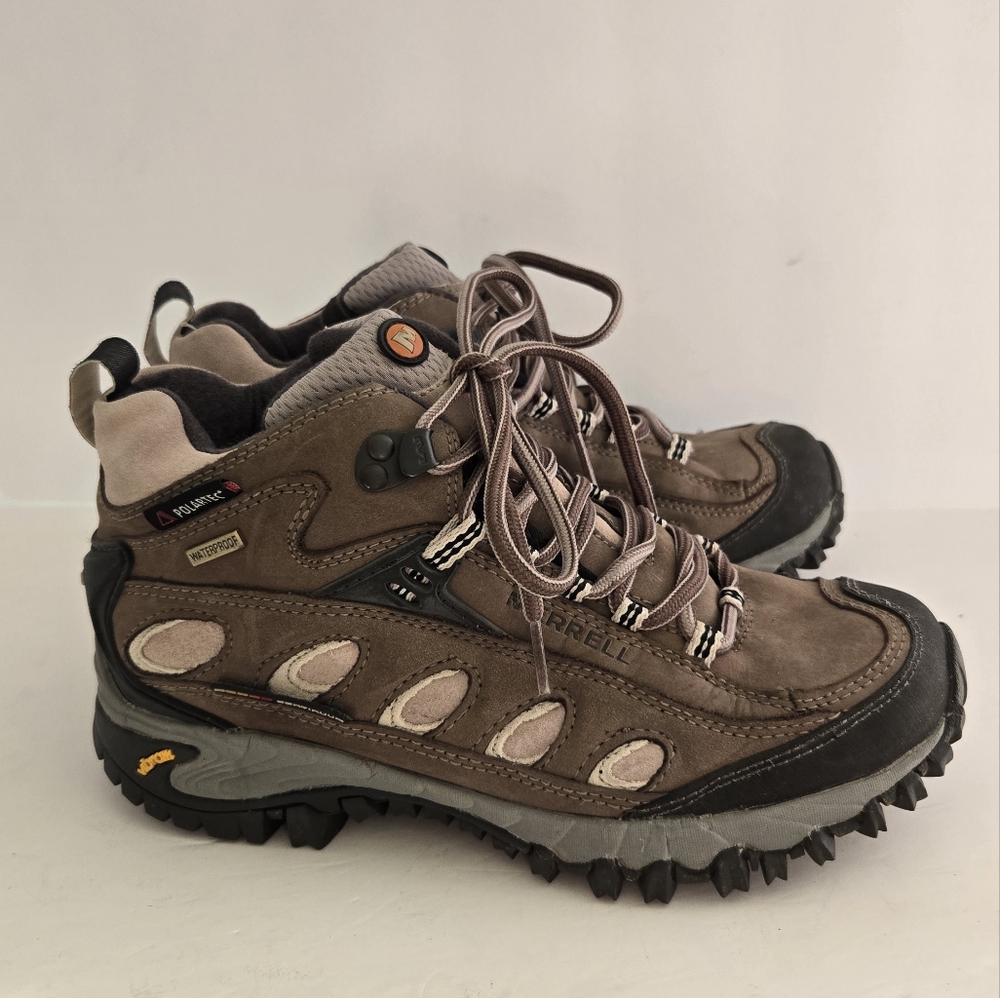 Merrell Radious 100% Leather High Top Hiking Waterproof Shoes Beige Sz 7
